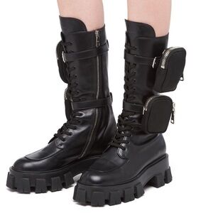Authentic Prada Monolith Black Leather Boots 36.5